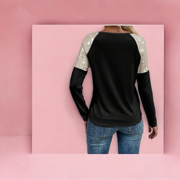 Black Sequin Patch Chest Pocket Reglan Sleeve - Picture 2 of 4